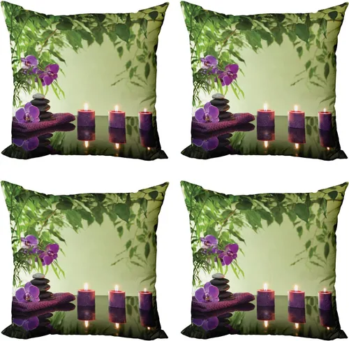 Vista 56 de Ambesonne Paquete de 4 fundas de cojín navideñas con cinta, ilustración de imagen de deseos navideños, impresión digital moderna de doble cara, 16