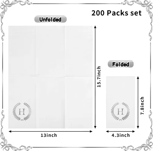Vista 2 de Paquete de 200 servilletas desechables con monograma de papel de aluminio plateado con letra H, servilletas para invitados con inicial, toallas