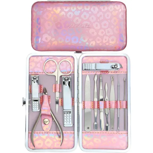 Juego de cortauñas ZIZZON Set de manicura y pedicura con estuche holográfico (Rosa)