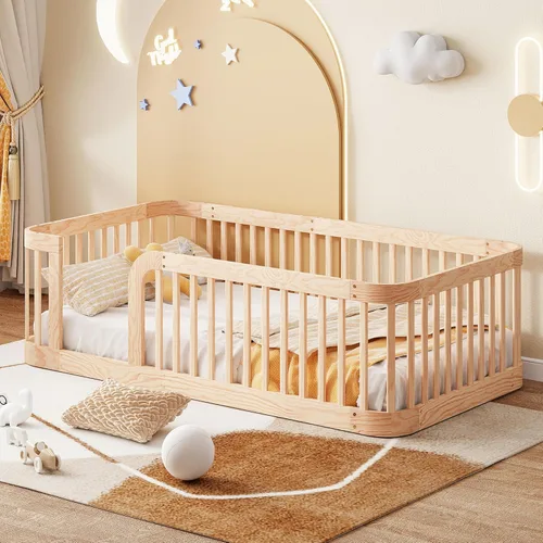 Vista 13 de Harper & Bright Designs Base de cama de metal de tamaño matrimonial con rieles, cama de suelo Montessori matrimonial con valla y puerta, para niños