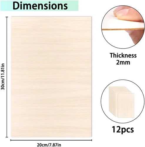 Vista 2 de DIYDEC Paquete de 12 hojas de madera de tilo de 12 x 8 x 1/13 pulgadas, hojas finas de madera contrachapada sin terminar, láminas de balsa