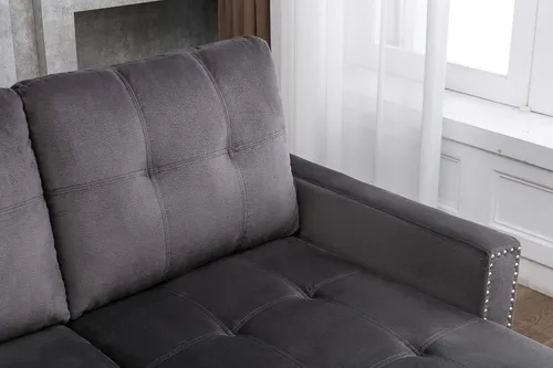 Vista 9 de Sofá cama modular reversible de 77 pulgadas, en forma de L, 2 asientos, con almacenamiento, tela de terciopelo con sensación de piel, color gris