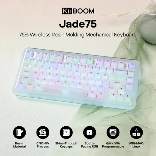 Vista 2 de KiiBoom Jade75 - Teclado mecánico de moldeo de resina al 75%, BT5.0USB-C2.4GHz, teclado inalámbrico para juegos, QMK y VIA programable