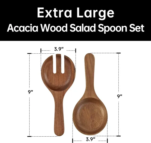 Vista 3 de KITEISCAT Juego de ensaladeras de vidrio extra grandes, cuencos de ensalada para fiestas con base de madera de acacia y utensilios para servir