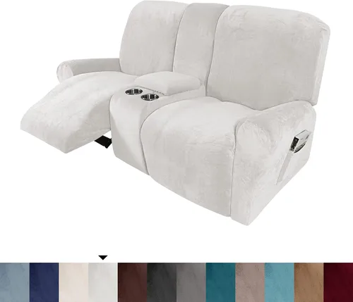 Vista 6 de Funda reclinable con funda de consola central, 8 piezas de terciopelo elástico para sofá reclinable seccional con portavasos, funda reclinable de 2