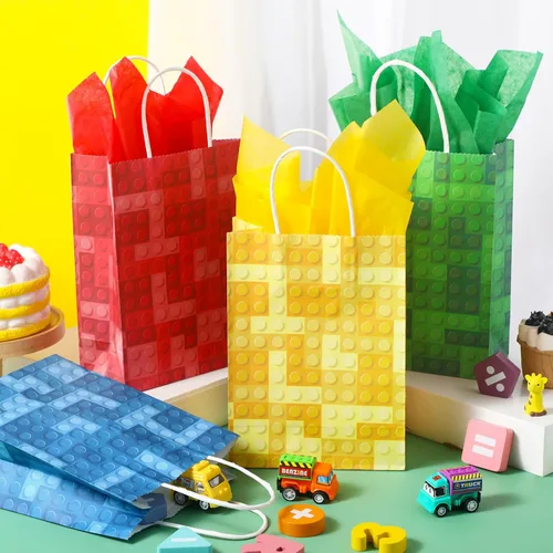 Vista 4 de Pasimy 24 bolsas de recuerdos de fiesta con 24 piezas de bloques de papel de seda con tema de bloque de dulces, bolsas de regalo con asa para niños