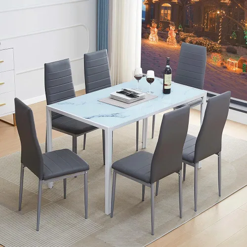 Vista 21 de Juego de mesa de comedor para 6, mesa de cocina y sillas de 7 piezas para comedor, apartamento, compacto que ahorra espacio con mesa de vidrio