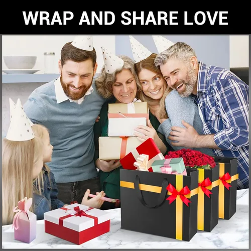 Vista 6 de EUSOAR Bolsas pequeñas negras para envolver regalo, paquete de 50 bolsas de papel de 10.6 x 3.1 x 8.3 pulgadas con asas a granel, bolsas resistentes