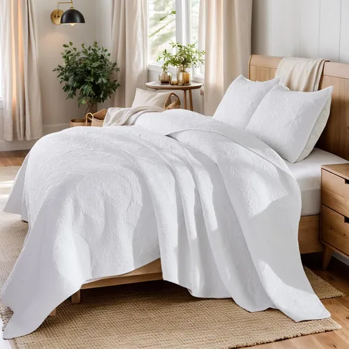 Vista 9 de Brandream juego de cama de lujo de 3 piezas, color blanco, de gran tamaño, juego de edredón, tamaño queen
