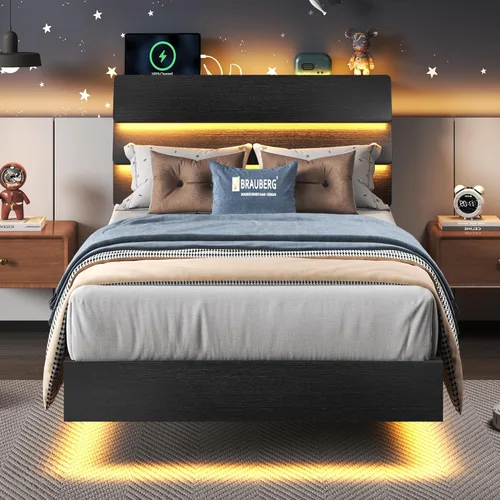 Vista 8 de Feonase Base de cama flotante individual con luces LED y estación de carga, marco de cama de madera tamaño individual con cabecera