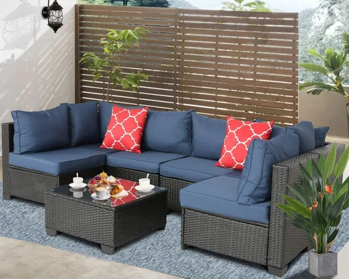 Vista 2 de HTTH Juegos de muebles de patio, muebles de exterior, sofá de conversación de mimbre de ratán para exteriores, juegos seccionales de jardín