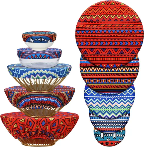 Vista 20 de Patelai 10 fundas reutilizables para tazones en 5 tamaños, tela elástica, fundas elásticas para tazones de almacenamiento de alimentos, tapas