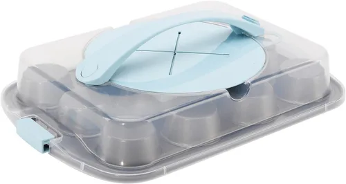 GoodCook Sweet Creations Bake-Take-Serve - Juego de moldes antiadherentes para cupcakes con soporte escalonado, plata/azul