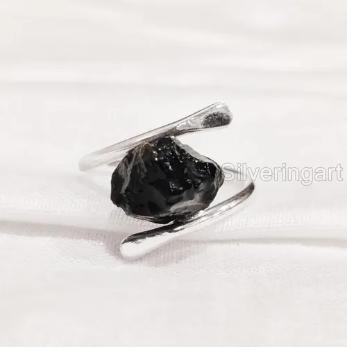 Anillo de turmalina negra natural, anillo de turmalina áspera, piedra natal de octubre, banda cruzada, plata esterlina 925, anillo para mujer,