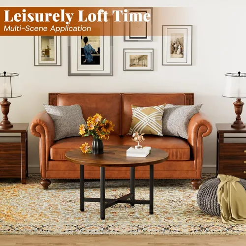 Vista 6 de Mesa de Centro, 23.6" Mesas de Centro Pequeñas, Mesas de Centro Redondas Marrones para Sala de Estar, Mesa de Piso para Sentarse en el Suelo, Mesa