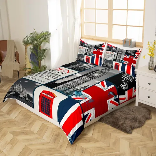 Vista 2 de Londres - Juego de ropa de cama romántica con diseño de edificio urbano para adolescentes y niños, funda de edredón grande doblada con puente