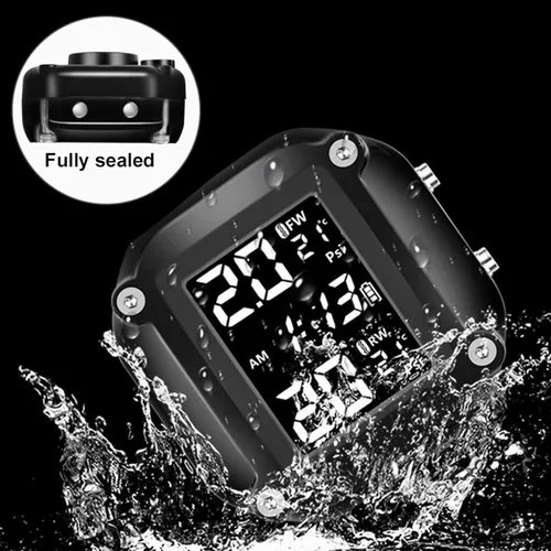 Vista 3 de Sistema de monitoreo de presión de neumáticos TPMS para motocicleta con pantalla LCD y 2 sensores externos, alarma de temperatura de neumáticos