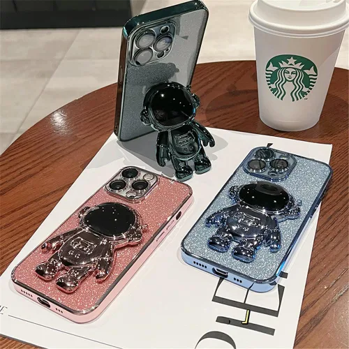 Vista 3 de Spevert Funda de lujo con purpurina para iPhone 15 Pro con bonito soporte de astronautas [protección militar contra caídas] protección completa