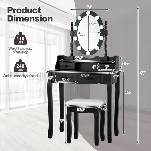 Vista 30 de CHARMAID Mesa de tocador para niñas con espejo iluminado y taburete, 10 luces LED regulables, 3 modos de iluminación de color, 4 cajones, mango