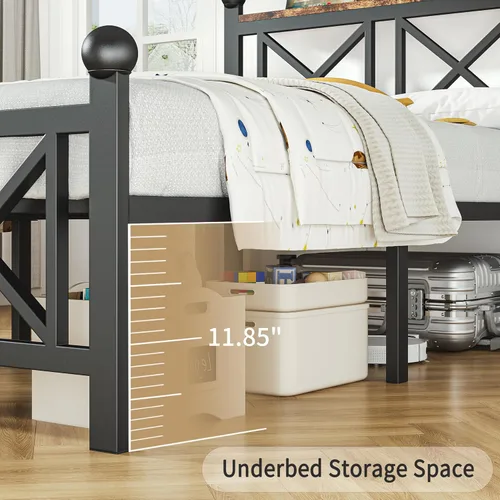 Vista 8 de DynJest Base de cama negra de tamaño individual con luces LED, cama de metal resistente con cabecera y piecero, estante de almacenamiento