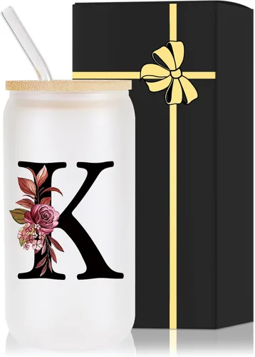 Vista 10 de Vaso de vidrio con monograma con tapa de bambú, popote personalizado, vaso de café helado de 16 onzas, tarro transparente de masón, cerveza, agua