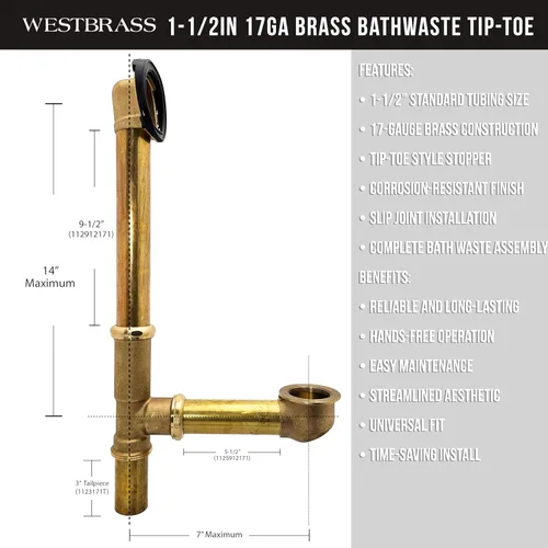 Vista 5 de Westbrass Pull & Drain D3262-62 - Desechos de baño de 14 pulgadas, tubo de calibre 17, negro mate, D3262-62