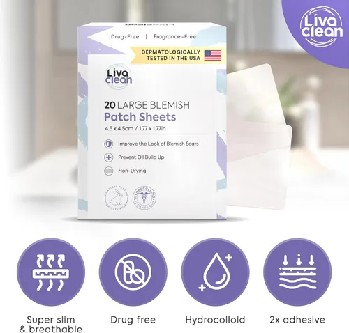 Vista 5 de LivaClean Parches grandes para acné hidrocoloide de 20 quilates, para puntos de poros, nariz, cara, parche quístico para espinillas, parches