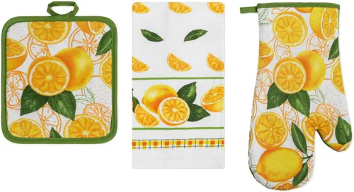 Vista 17 de Juego de 3 piezas de ropa de cocina con estampado de Apple Orchard, 1 toalla de algodón, 1 agarradera, 1 guante de horno con lazo para colgar