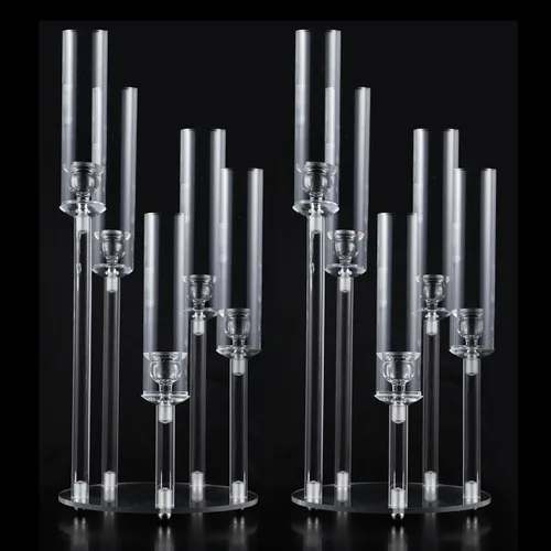Vista 17 de Centros de mesa acrílicos de 5 brazos para bodas, candelabros de piso con pantalla extraíble para fiesta de Navidad, chimenea, día de San Valentín