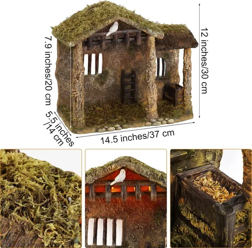Vista 2 de Fovths Figura de pesebre estable iluminada de 14.5 pulgadas, figura religiosa de Navidad, pesebre estable de resina, decoración de mesa, techo