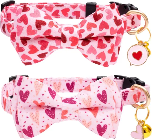 Vista 12 de Faygarsle Paquete de 2 collares navideños para gatos con pajarita, collar de invierno rosa y verde para niños y niñas