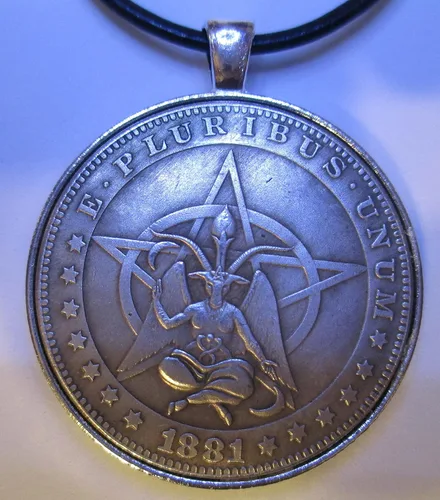Fantasy Hobo Coin 1881 Baphomet Pentagram Horned Goat Devil Head, COLGANTE, collar de cuerda de cuero de 24 pulgadas