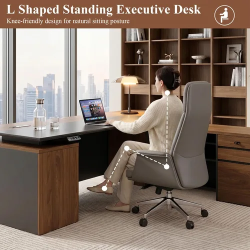 Vista 4 de 78" L Shaped Executive Desk with File Cabinet Drawers Outlet USB, Dual-Motor Adjustable-Height Modern Executive Desk with Privacy Panel for Boss