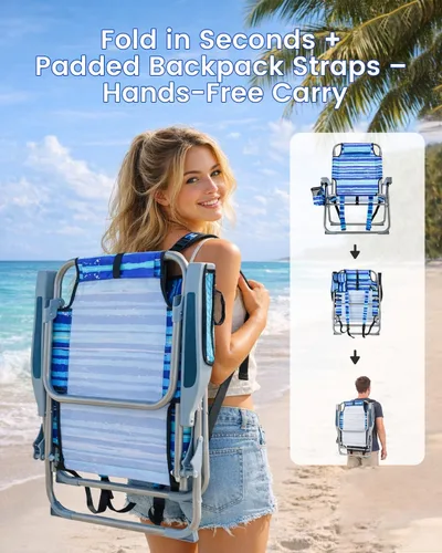 Vista 4 de GVDV Paquete de 2 sillas de playa tipo mochila para adultos, altura baja océano azul