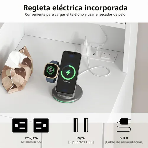 Vista 6 de Yanosaku Escritorio de maquillaje de 55 pulgadas de ancho con espejo y Negro
