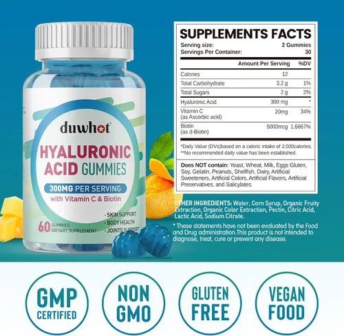 Vista 2 de duwhot Gomitas de ácido hialurónico, suplementos de ácido hialurónico con vitamina C y biotina 5000 mcg para la piel, el cabello, la salud