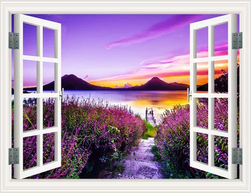 Vista 7 de Pintura autoadhesiva 3D, calcomanías de pared falsas para ventana, isla tropical con palmeras, mural de pared, vista de ventana, decoración de pared