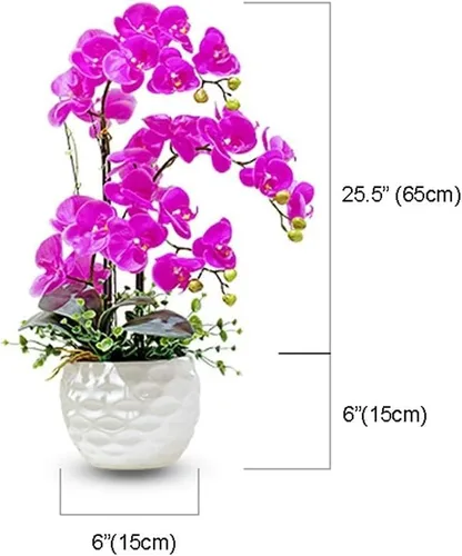 Vista 6 de GOOFFY Hermosas orquídeas artificiales de seda, orquídea blanca, rosa, ramo de Phalaenopsis flores falsas con jarrón para decoración de boda, hogar