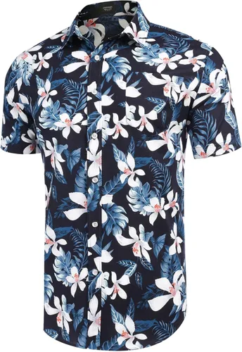 Vista 7 de COOFANDY Camisas hawaianas florales para hombre, algodón y lino, con botones, tropicales, para la playa