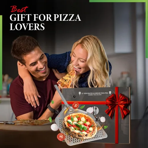 Vista 5 de The Italian Kitchen - Pala perforada para pizza, pala profesional de metal de 13 x 16.7 pulgadas, 27.3 pulgadas en total, funciona con todos