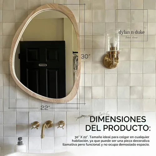 Vista 6 de Espejo bohemio con marco de madera irregular, gran acento montado en la pared, asimétrico, decoración de pared estética moderna para dormitorio