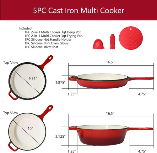 Vista 4 de Sartén esmaltada de hierro fundido 2 en 1 de 3 cuartos de galón con tapa de parrilla, color rojo, sirve como cacerola y sartén de estufa