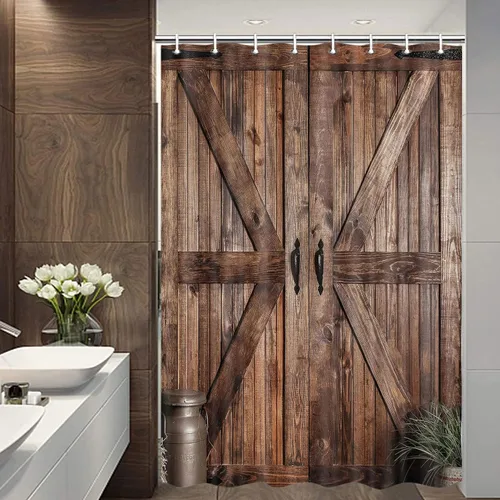 Vista 15 de Cortina de ducha de puerta de granero rústica de tamaño pequeño para baño, juegos de cortinas de decoración de baño de tablones de madera retro