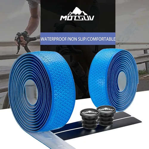 Vista 5 de VXM Cinta de manillar de bicicleta, cinta de barra de bicicleta de carretera, piel sintética + EVA, agarre para mango de ciclismo, 2 rollos (azul)