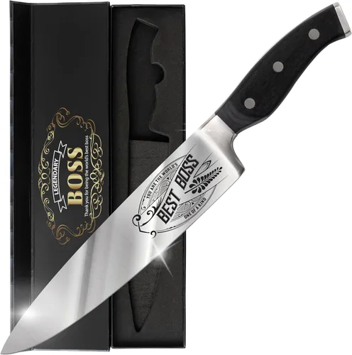 Best Boss - Cuchillo de chef de alta calidad para regalo de cumpleaños, cuchillo de cocina de acero al carbono de 8 pulgadas con mango de madera de