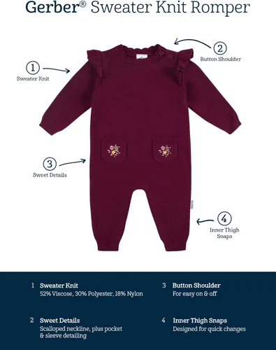 Vista 6 de Gerber Baby Girls Sweater Knit Romper Jumpsuit