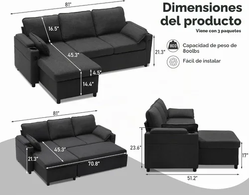 Vista 3 de Sofá cama extraíble 2 en 1 sofá cama seccional sofá en forma de L
