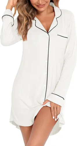Vista 65 de Samring Camisón de pijama para mujer, manga corta/larga, con botones, camisón para dormir, camisón para novio, talla XXL