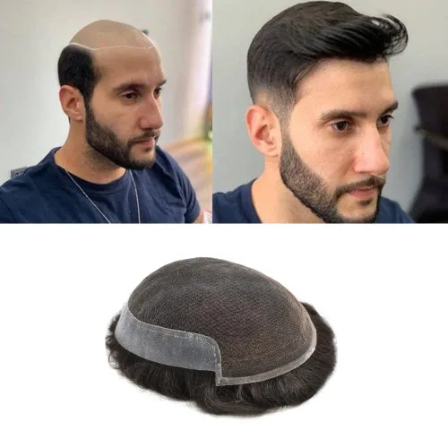 Vista 31 de Tupé de encaje suizo para hombre, pieza de cabello humano europeo, nudos blanqueados, línea capilar natural, encaje frontal, sistema de reemplazo