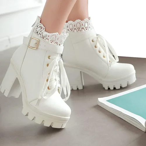 Vista 5 de BEAUPAS Botas de tacón alto con plataforma gruesa para mujer, con cordones, estilo gótico, tacón de bloque, zapatos punk (blanco, 8), Blanco